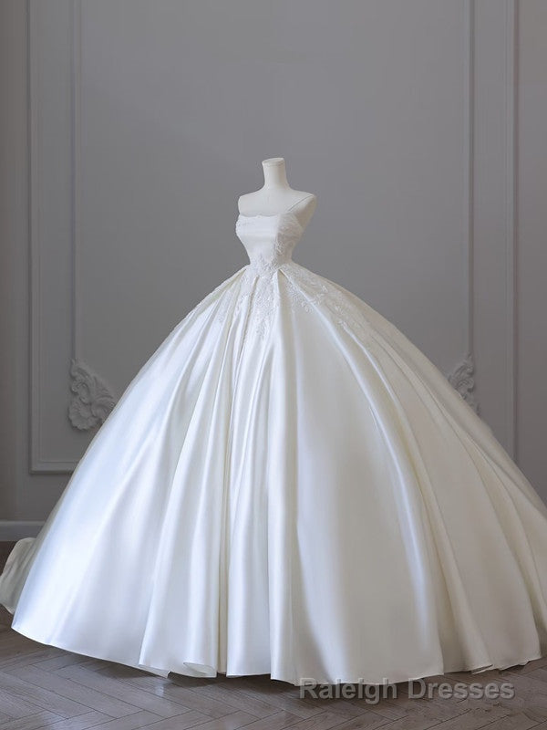 Princess Ball Gown Strapless Sleeveless Pleats White Satin Lace Wedding Dress Bridal Dresses Main image