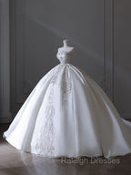 Princess Ball Gown Strapless Sleeveless Pleats White Satin Wedding Dress