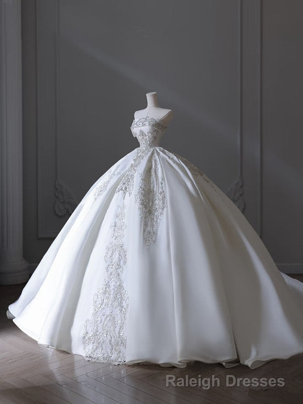 Princess Ball Gown Strapless Sleeveless Pleats White Satin Wedding Dress Bridal Dresses Main image