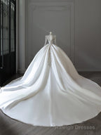 Princess Ball Gowns V Neckline Long Sleeves Pleats Beads White Satin Wedding Dresses