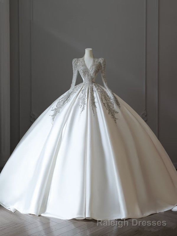 Princess Ball Gown V Neckline Long Sleeves Pleats Beads White Satin Wedding Dresses Main image