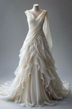 Princess Ball Gown V Neckline Pleats White Chiffon Wedding Dresses