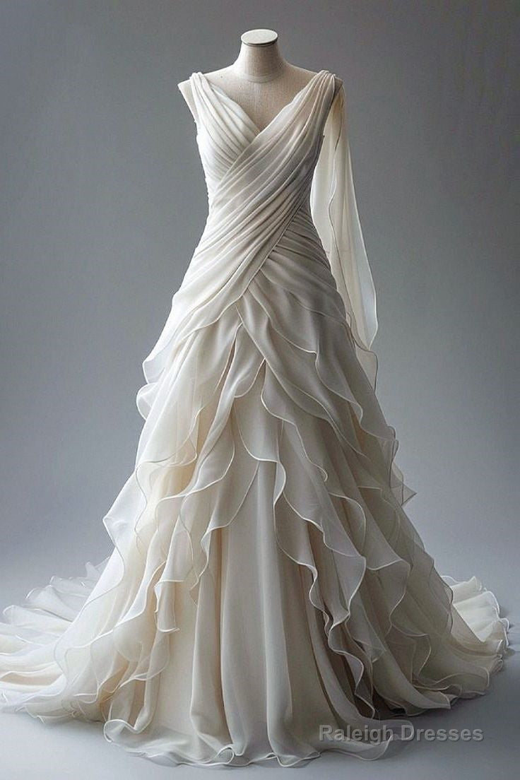 Princess Ball Gowns V Neckline Pleats White Chiffon Wedding Dress Main image