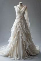 Princess Ball Gowns V Neckline Pleats White Chiffon Wedding Dress