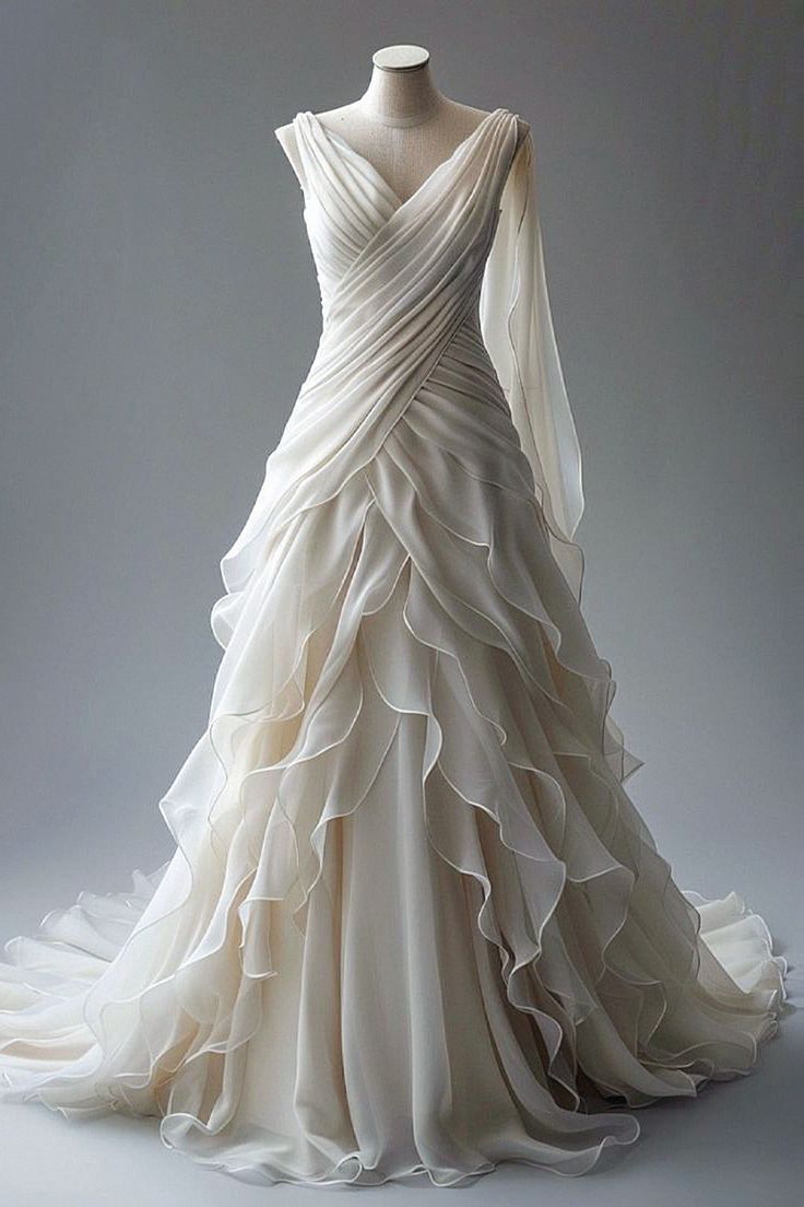 Princess Ball Gowns V Neckline Pleats White Chiffon Wedding Dress