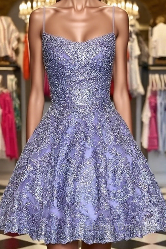 Princess Beaded Purple Lace Prom Dress, Short Purple Lace Homecoming Dress, Purple Formal Evening Dress
