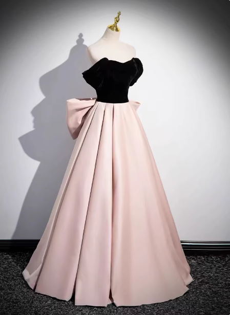 Princess Black & Pink Panel A-Line Off-The-Shoulder Bow Velvet Satin Long Formal Prom Dress Secondary image