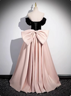 Princess Black & Pink Panel A-Line Off-The-Shoulder Bow Velvet Satin Long Formal Prom Dress