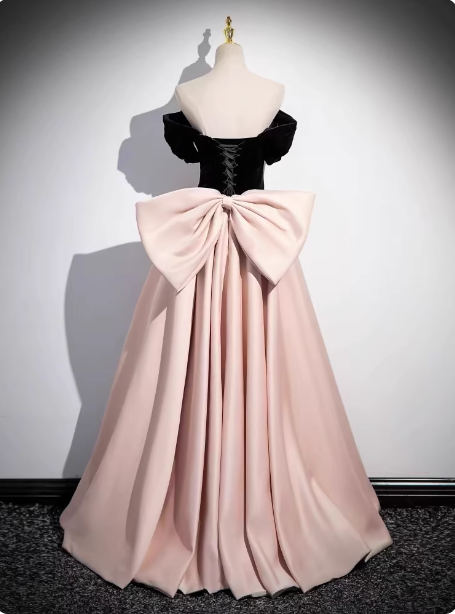 Princess Black & Pink Panel A-Line Off-The-Shoulder Bow Velvet Satin Long Formal Prom Dress
