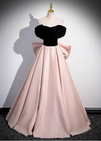 Princess Black & Pink Panel A-Line Off-The-Shoulder Bow Velvet Satin Long Formal Prom Dress