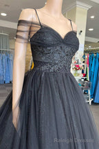 Princess Black Tulle Cold-Shoulder Long Prom Gowns