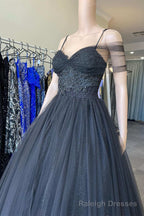 Princess Black Tulle Cold-Shoulder Long Prom Gowns