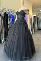 Princess Black Tulle Cold-Shoulder Long Prom Gowns