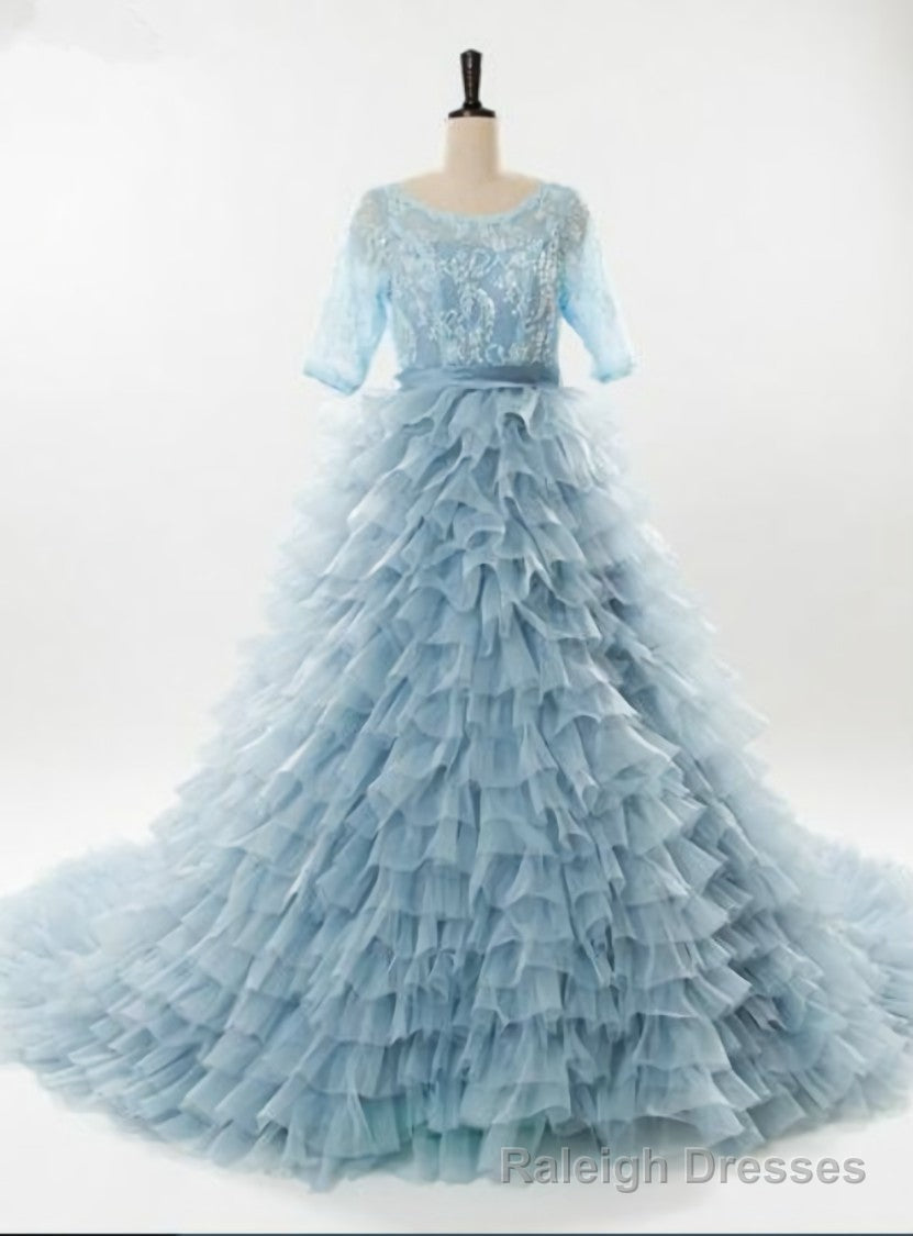 Princess Blue Short Sleeve Lace Tulle Backless Wedding Dress Main image