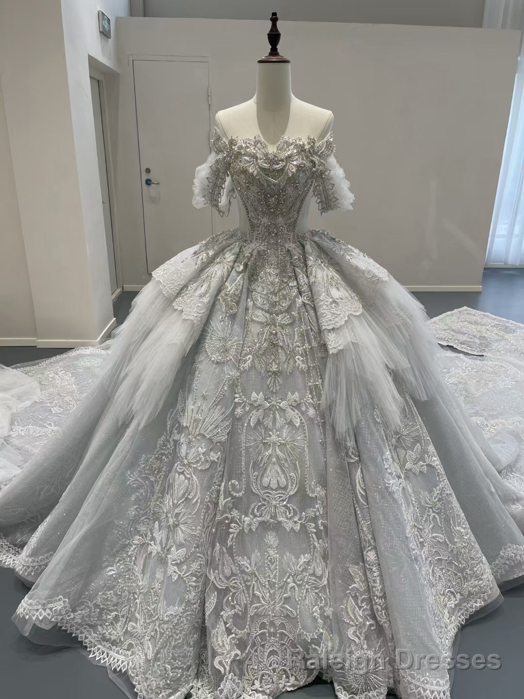 Princess Blue Tulle Lace Off the Shoulder Wedding Dress Main image