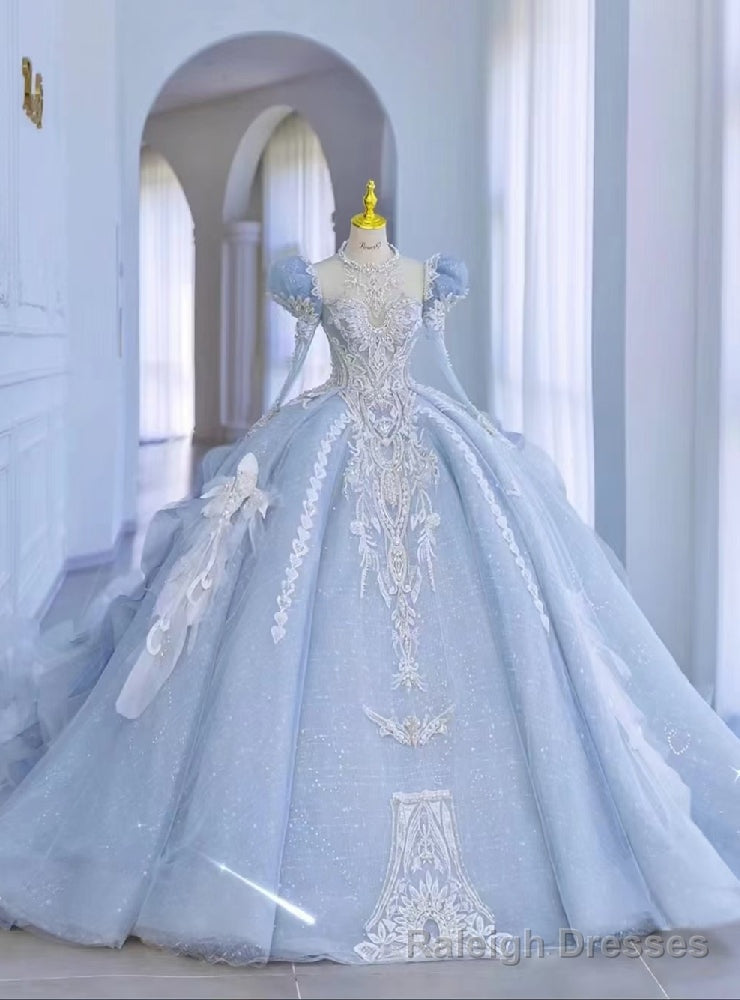 Princess Blue Tulle Long Sleeve Backless Wedding Dress Main image