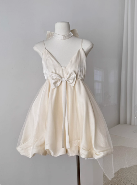 Princess Bowknot Halter Neck Sling Waist Net Tulle Puffy Birthday Prom Dress Homecoming Dress