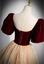 Princess Burgundy & Champagne Gold Panel A-Line Short Sleeve Tulle Long Formal Prom Dress