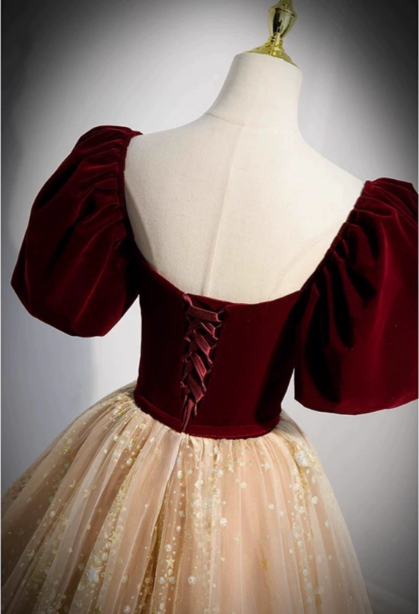 Princess Burgundy & Champagne Gold Panel A-Line Short Sleeve Tulle Long Formal Prom Dress