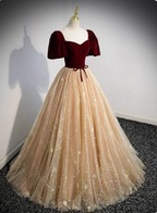 Princess Burgundy & Champagne Gold Panel A-Line Short Sleeve Tulle Long Formal Prom Dress