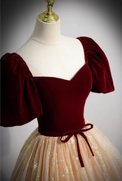 Princess Burgundy & Champagne Gold Panel A-Line Short Sleeve Tulle Long Formal Prom Dress