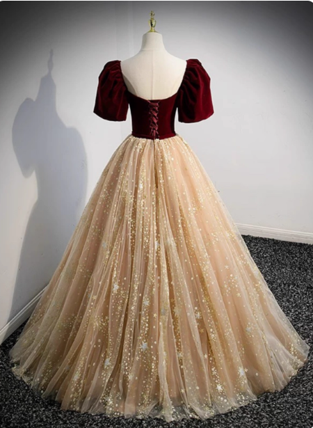 Princess Burgundy & Champagne Gold Panel A-Line Short Sleeve Tulle Long Formal Prom Dress