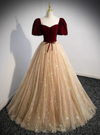 Princess Burgundy & Champagne Gold Panel A-Line Short Sleeve Tulle Long Formal Prom Dress