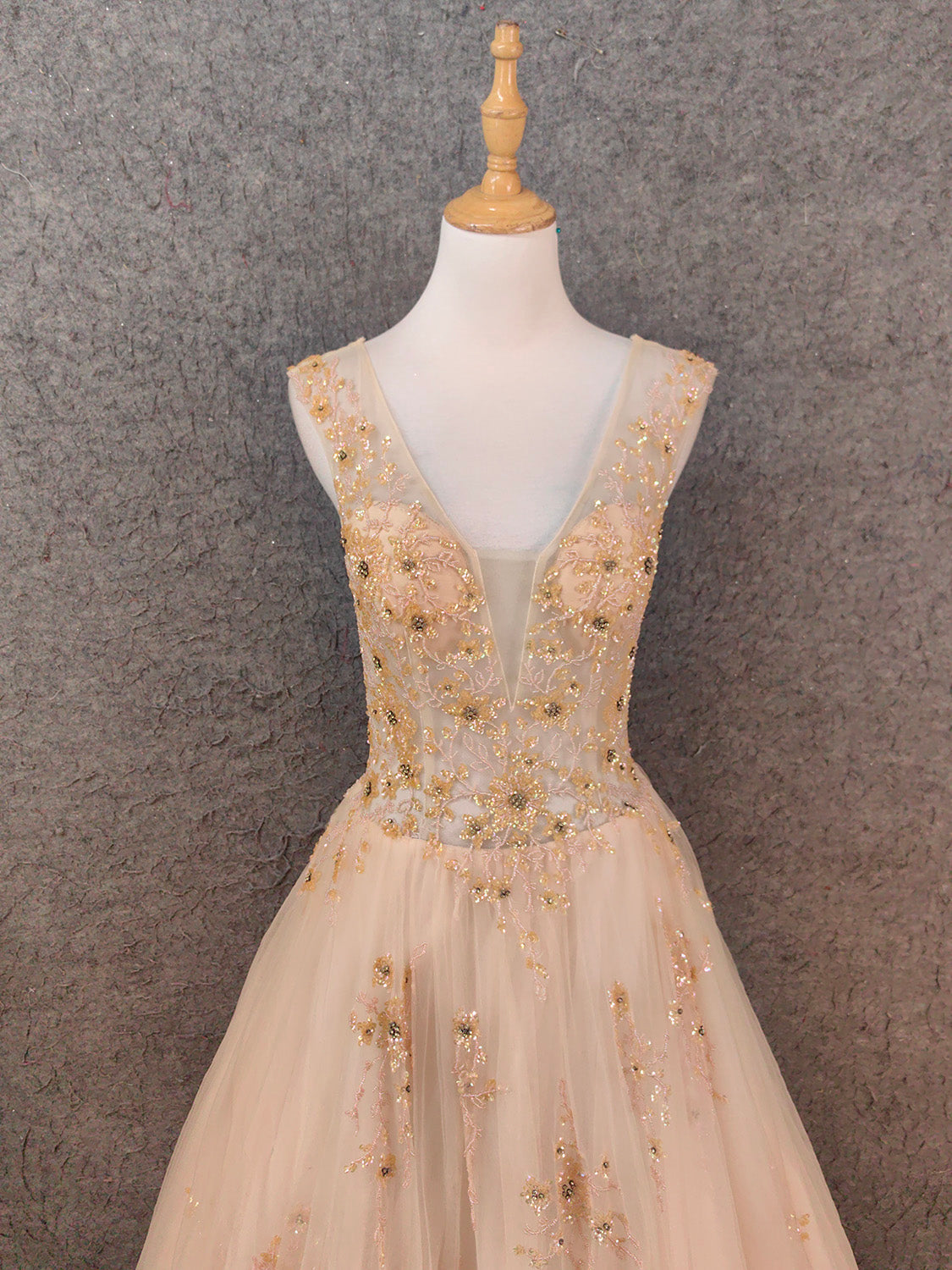 Princess Champagne A-Line V-Neck Sleeveless Sequin Beaded Tulle Long Formal Prom Dress