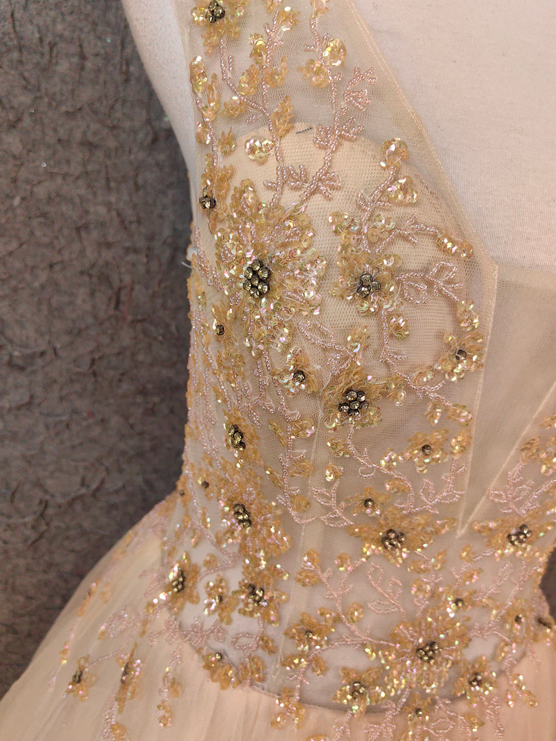 Princess Champagne A-Line V-Neck Sleeveless Sequin Beaded Tulle Long Formal Prom Dress