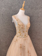 Princess Champagne A-Line V-Neck Sleeveless Sequin Beaded Tulle Long Formal Prom Dress