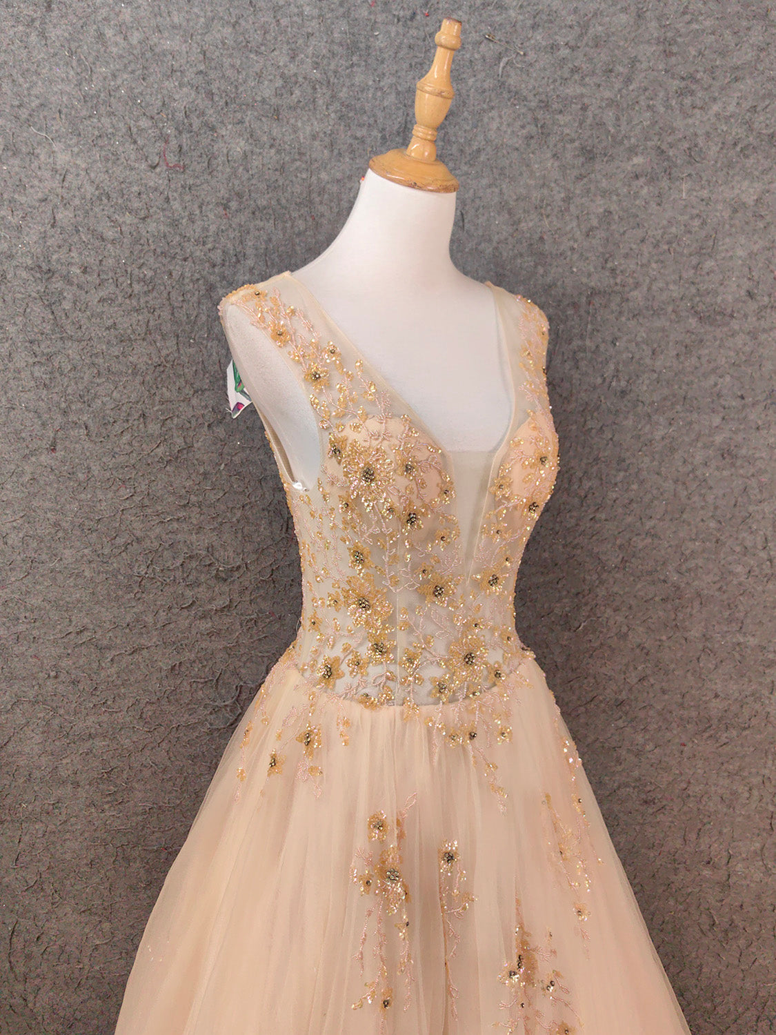 Princess Champagne A-Line V-Neck Sleeveless Sequin Beaded Tulle Long Formal Prom Dress