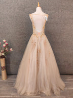 Princess Champagne A-Line V-Neck Sleeveless Sequin Beaded Tulle Long Formal Prom Dress