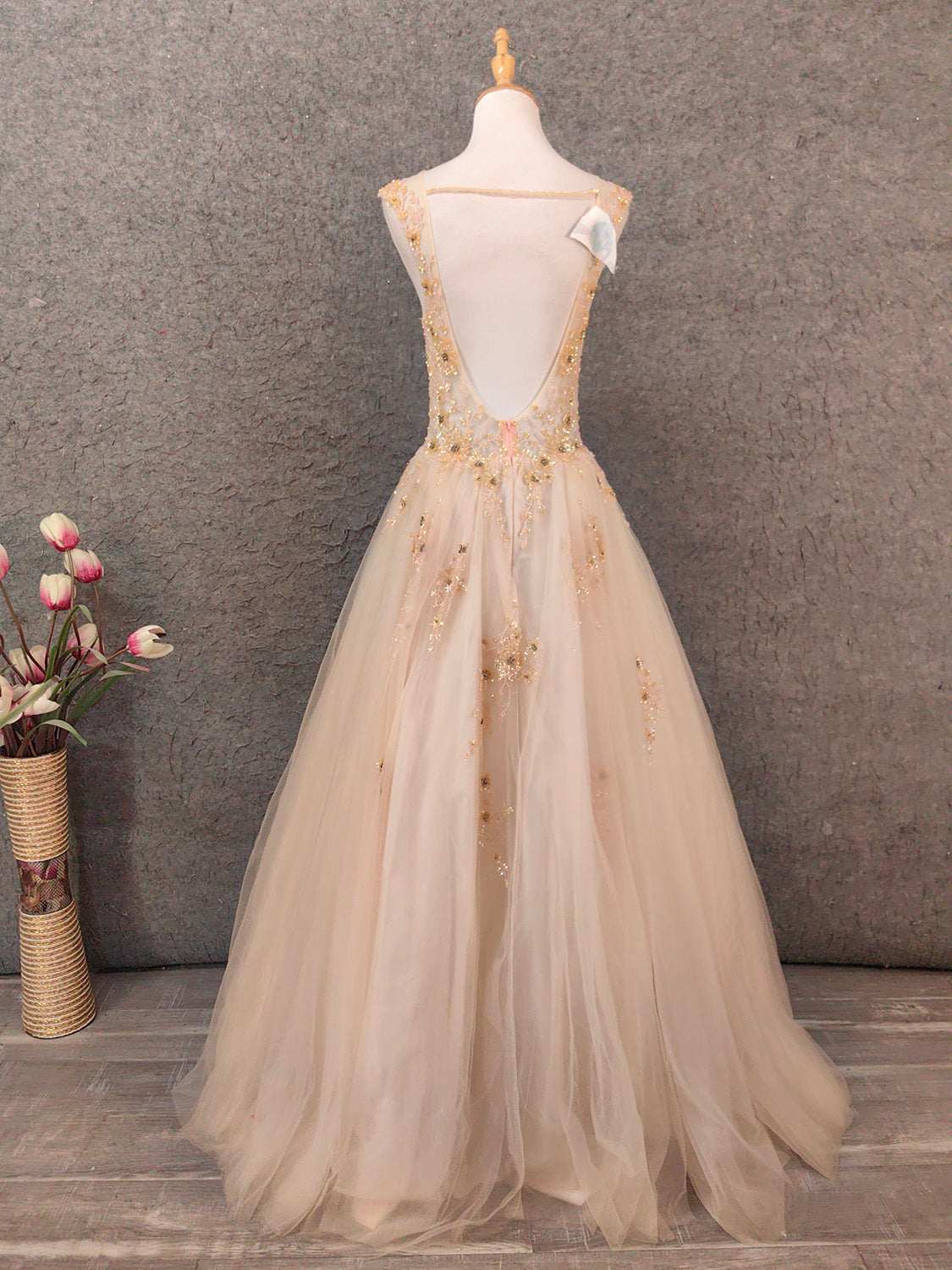 Princess Champagne A-Line V-Neck Sleeveless Sequin Beaded Tulle Long Formal Prom Dress