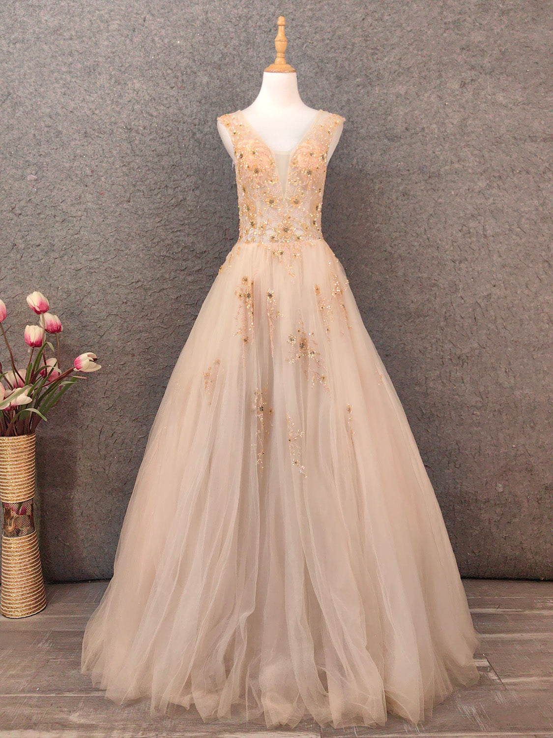 Princess Champagne A-Line V-Neck Sleeveless Sequin Beaded Tulle Long Formal Prom Dress Main image