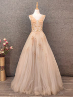 Princess Champagne A-Line V-Neck Sleeveless Sequin Beaded Tulle Long Formal Prom Dress