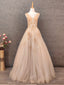 Princess Champagne A-Line V-Neck Sleeveless Sequin Beaded Tulle Long Formal Prom Dress