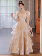 Princess Champagne Gold A-Line Embroidered Tulle Long Formal Prom Dress