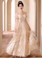 Princess Champagne Gold A-Line Embroidered Tulle Long Formal Prom Dress
