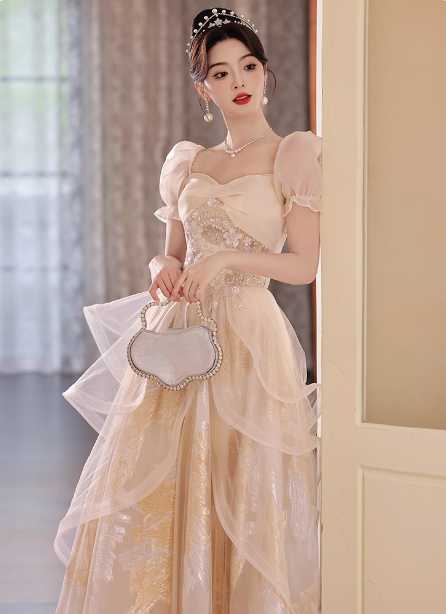 Princess Champagne Gold A-Line Embroidered Tulle Long Formal Prom Dress
