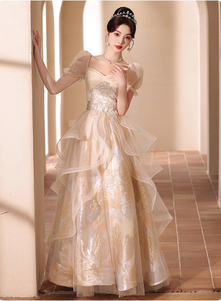 Princess Champagne Gold A-Line Embroidered Tulle Long Formal Prom Dress Main image