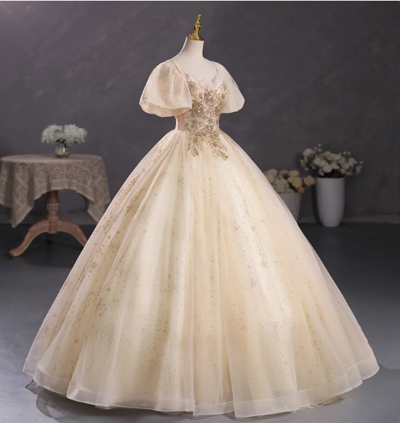 Princess Champagne Gold Square Neck Puff Sleeve Gold Embroidered Floral Tulle Ball Gown Prom Dress Sweet 16 Dress Secondary image