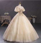 Princess Champagne Gold Square Neck Puff Sleeve Gold Embroidered Floral Tulle Ball Gown Prom Dress Sweet 16 Dress