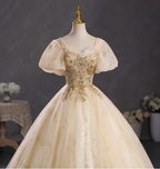 Princess Champagne Gold Square Neck Puff Sleeve Gold Embroidered Floral Tulle Ball Gown Prom Dress Sweet 16 Dress