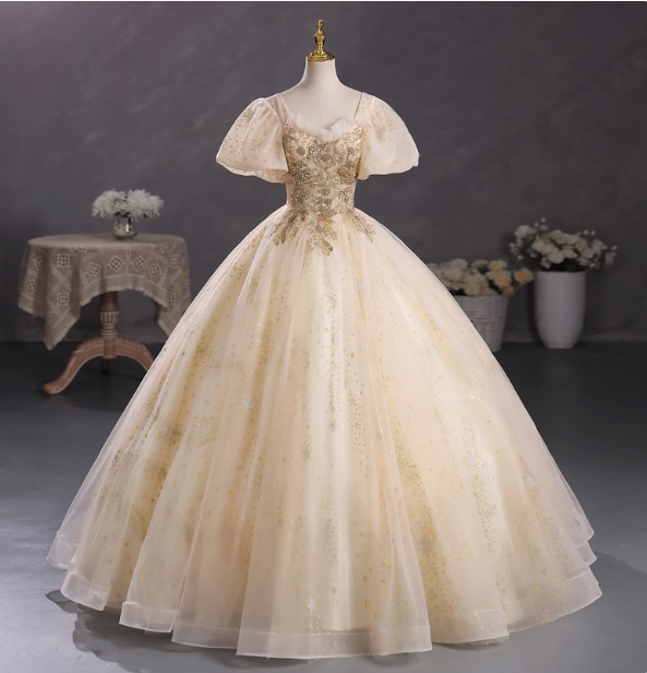 Princess Champagne Gold Square Neck Puff Sleeve Gold Embroidered Floral Tulle Ball Gown Prom Dress Sweet 16 Dress Main image