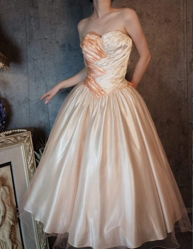 Princess Champagne Pink A-Line Sweet Bow Satin Formal Prom Dress Sweet 16 Dress