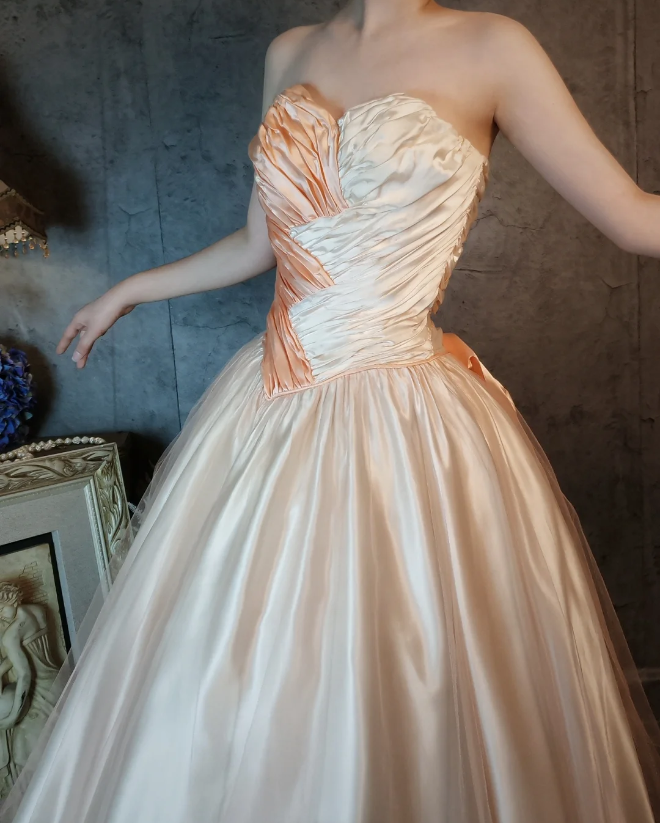 Princess Champagne Pink A-Line Sweet Bow Satin Formal Prom Dress Sweet 16 Dress