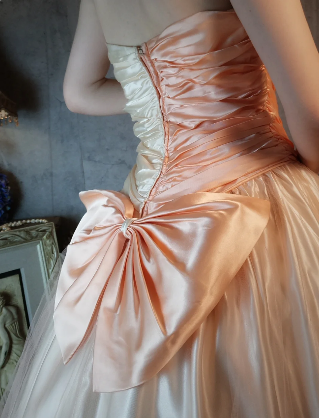 Princess Champagne Pink A-Line Sweet Bow Satin Formal Prom Dress Sweet 16 Dress