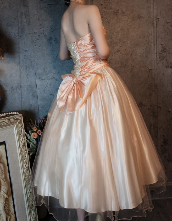 Princess Champagne Pink A-Line Sweet Bow Satin Formal Prom Dress Sweet 16 Dress