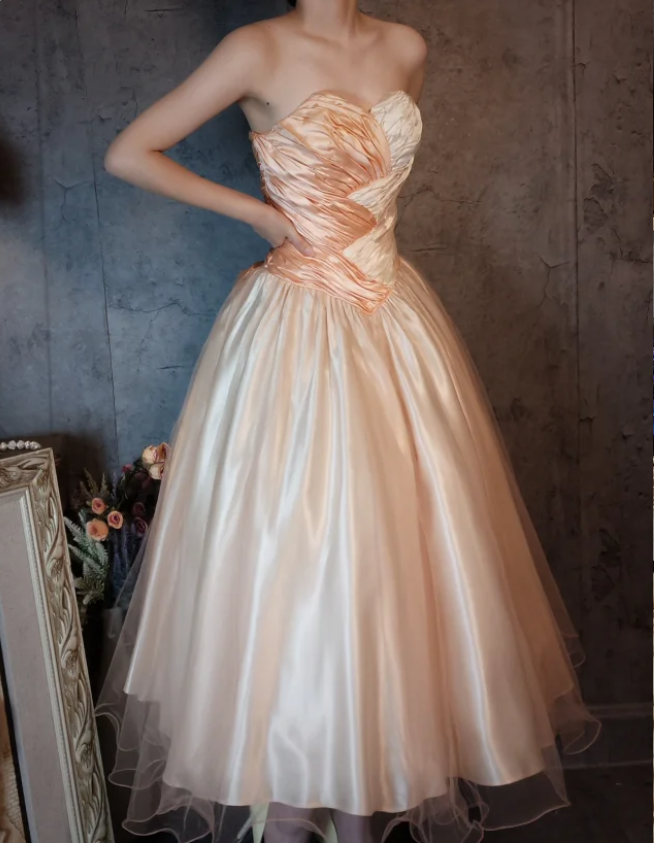 Princess Champagne Pink A-Line Sweet Bow Satin Formal Prom Dress Sweet 16 Dress