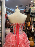 Princess Coral Pink Heart-Shaped Neckline Rhinestone-Embellished Short Formal Prom Dress